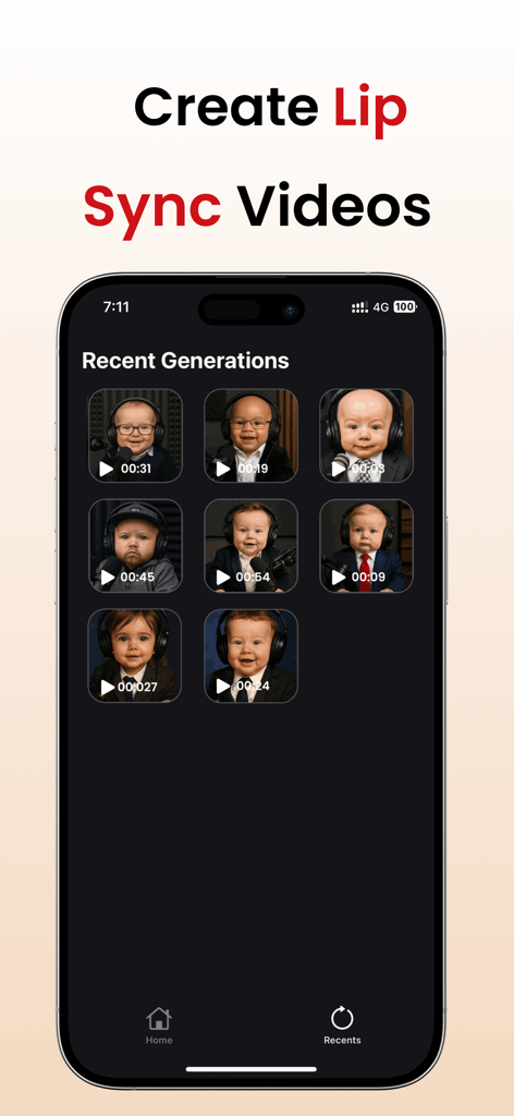 BabyCast AI - Video Generator - Una interfaz de aplicación móvil que muestra una galería de videos generados por IA con bebés como presentadores de podcast.