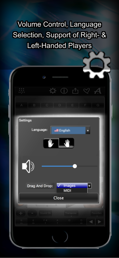120 Bass Chords - Pantalla de configuración de la aplicación 120 Acordes de Bajo que muestra selección de idioma, modos para jugadores zurdos y diestros y control de volumen