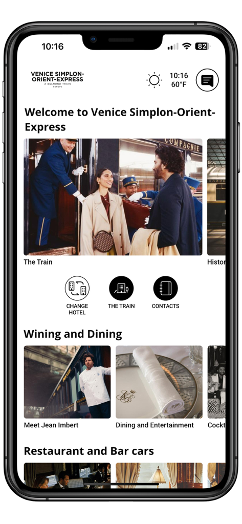 Belmond - ベルモンドアプリのインターフェース。ヴェニス・シンプロン・オリエント・エクスプレスの旅の詳細とダイニングオプションを表示。