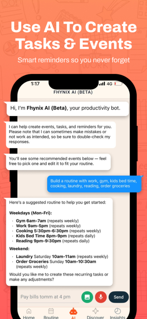 Fhynix: AI Daily Planner, Todo - Fhynix AI chat interface suggesting a daily routine for work fitness and family tasks