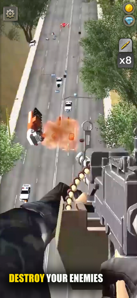 Air Attack 3D: Sky War - Aerial combat gameplay in Air Attack 3D showing a helicopter sniper destroying enemy vehicles on a highway