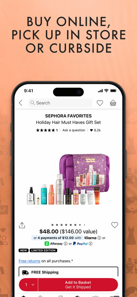 Pagina prodotto dell'app Sephora per un set regalo per capelli delle Feste che mostra opzioni per l'acquisto online con ritiro in negozio o al marciapiede.