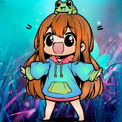 a excited chibi girl whith long hair and a baggy shirt whith a frog on there head