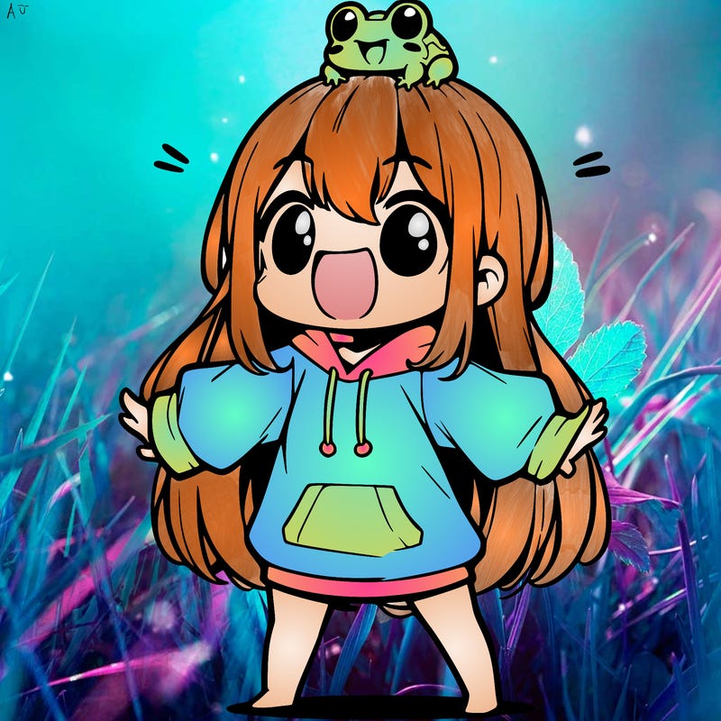a excited chibi girl whith long hair and a baggy shirt whith a frog on there head