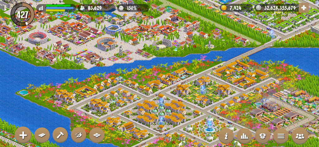 Designer City: Empire Edition - Aerial view of a sprawling ancient Roman empire city with colosseums and villas next to a river