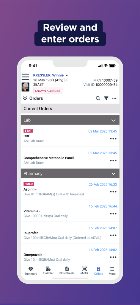 Smartphone screen displaying patient medical orders for laboratory tests and pharmacy medications within the Sunrise Mobile app