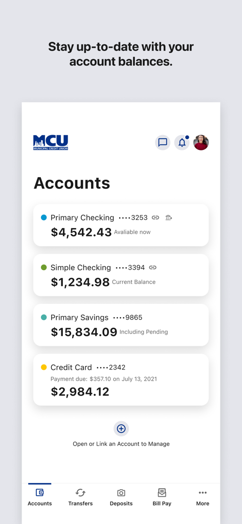NYMCU Mobile Banking app screen showing balances for checking and savings accounts