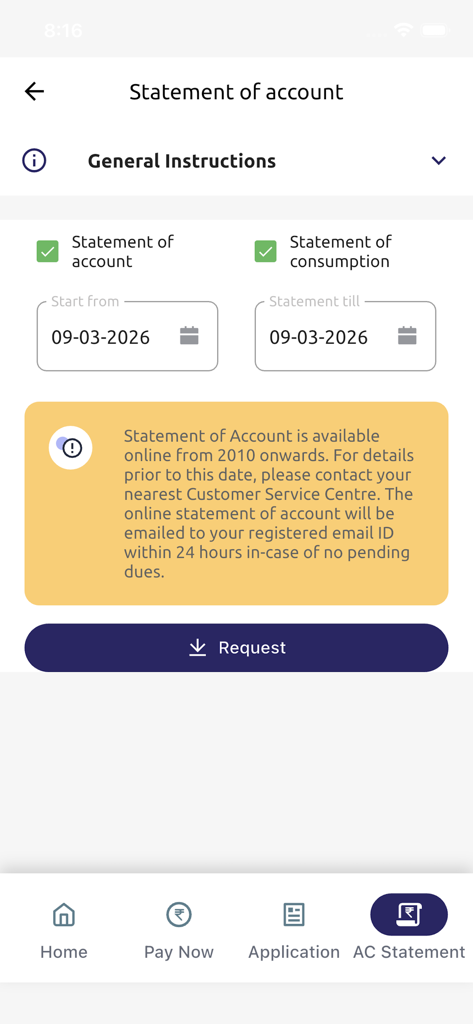 Torrent Power Connect - Interface for requesting account and consumption statements within the Torrent Power Connect app.