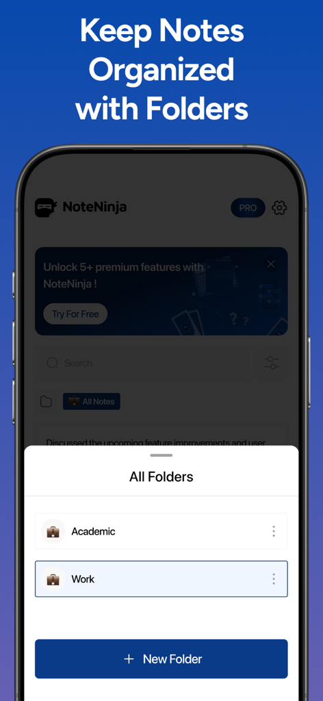 A screenshot of the NoteNinja app showing how users can organize notes into categories like Academic and Work folders.