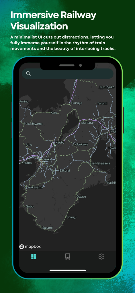 RailAround app screenshot showing an immersive railway map visualization of Japan with a minimalist UI