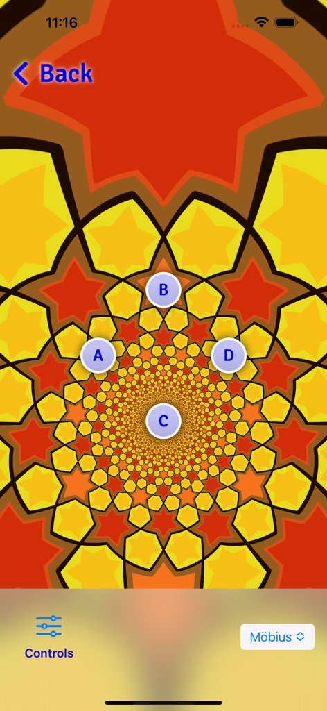 iSymmetry - Pattern Painting - Ein farbenfrohes geometrisches Sternmuster, erstellt mit dem Mobius-Transformationswerkzeug in der iSymmetry-App.