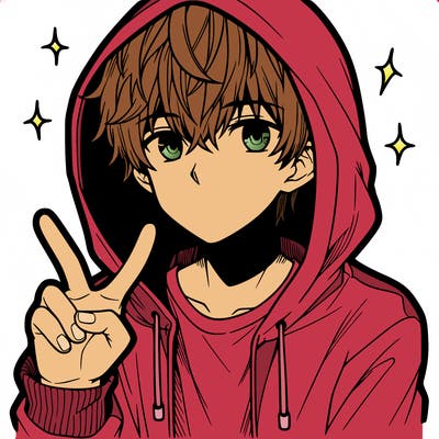 teenage manga boy in a hoodie, doing ✌