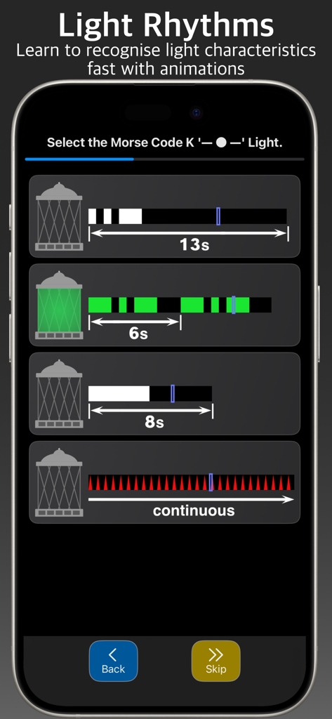 Master-Nav app screen showing a Light Rhythms quiz for maritime buoyage