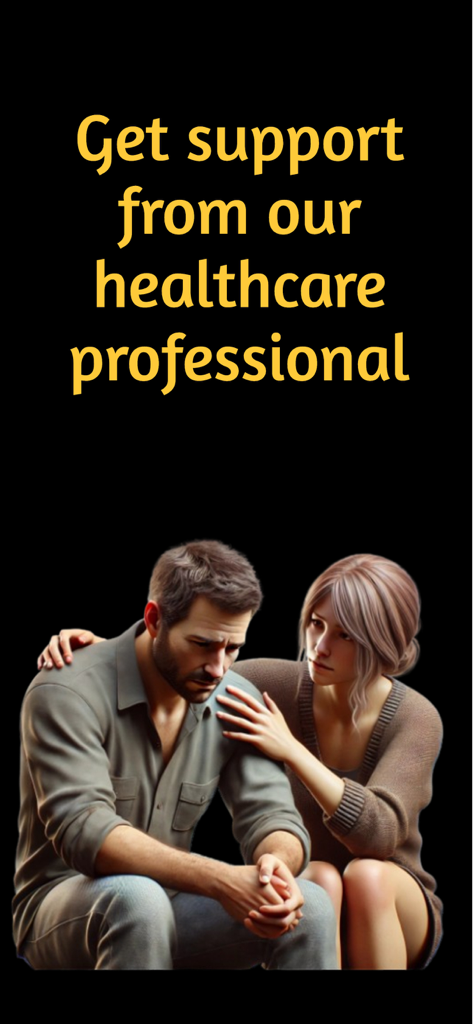 Una mujer ofreciendo consuelo a un hombre con texto promocionando el apoyo de un profesional de la salud.