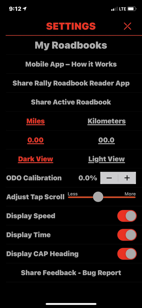 Settings menu for Rally Roadbook Reader app showing options for units view modes and odometer calibration