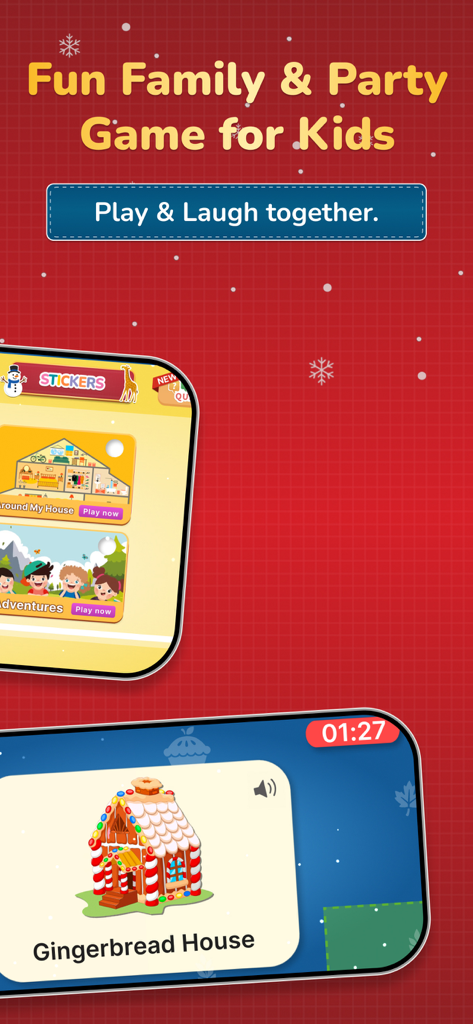 Charades Kids: Act it out - Charades Kids app showing a gingerbread house picture card and game categories for kids