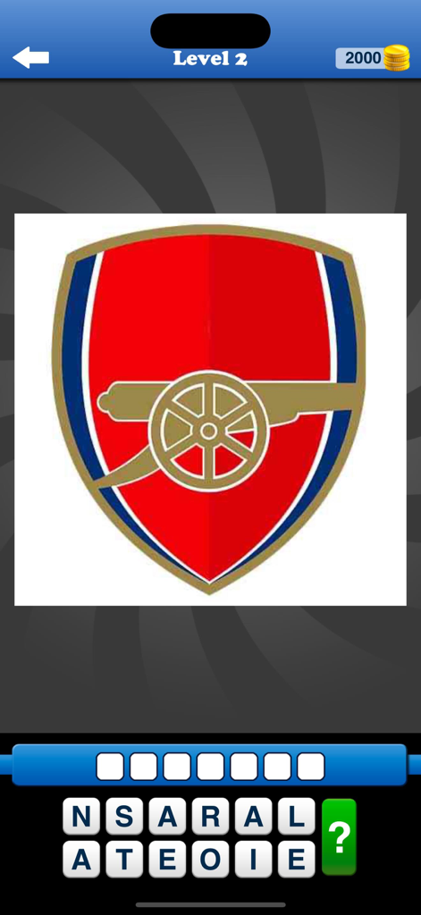 Whats the Badge? Football Quiz - A mobile app screen for a football quiz game showing a red and blue crest with a gold cannon