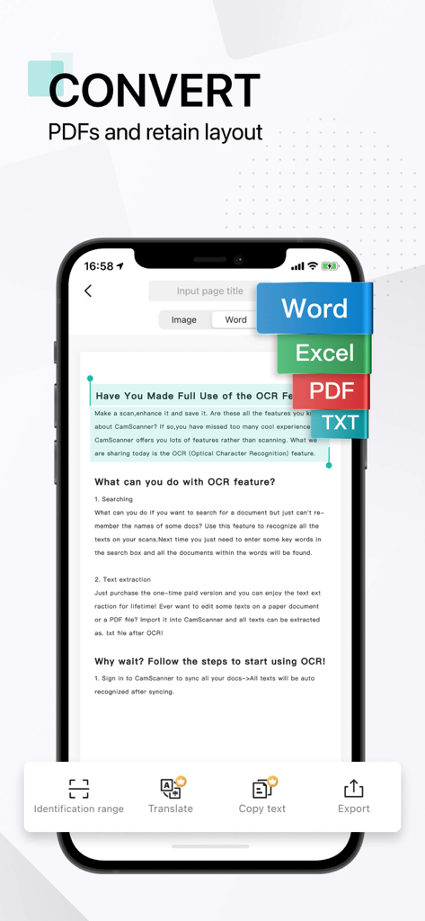 OCR 기술을 사용하여 스캔된 문서를 Word, Excel, PDF 및 TXT 형식으로 변환하는 CamScanner 앱 인터페이스