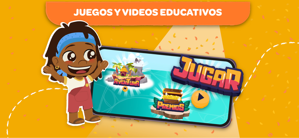 Leo Leo - Niña de dibujos animados junto a un teléfono inteligente que muestra juegos y videos educativos en la aplicación de alfabetización en español Leo Leo.