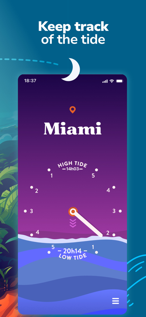 Tide Flow : Tides Times, Waves - Interfaccia dell'orologio maree in tempo reale per Miami che mostra le previsioni di alta e bassa marea