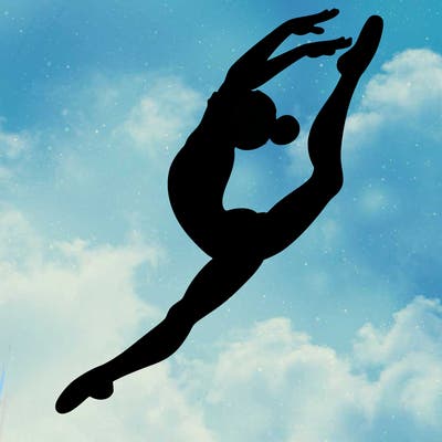 gymnast doing a leap in a leotard with a bent back leg