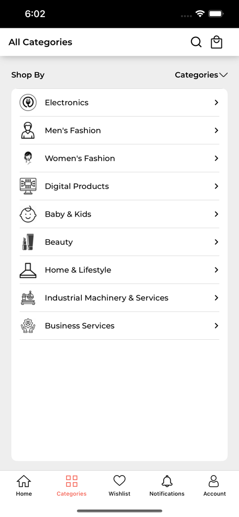 Tana: Everything. Everywhere - Mobile app screen showing a list of shopping categories including electronics, fashion, and home goods