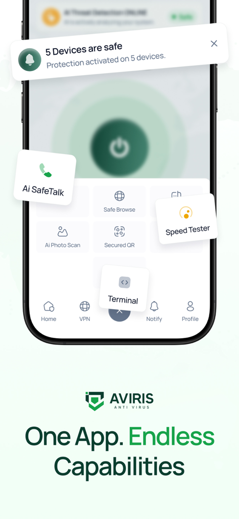 AVIRIS: Mobile Security, VPN - AVIRIS mobile security app interface showing device protection status and utility tools