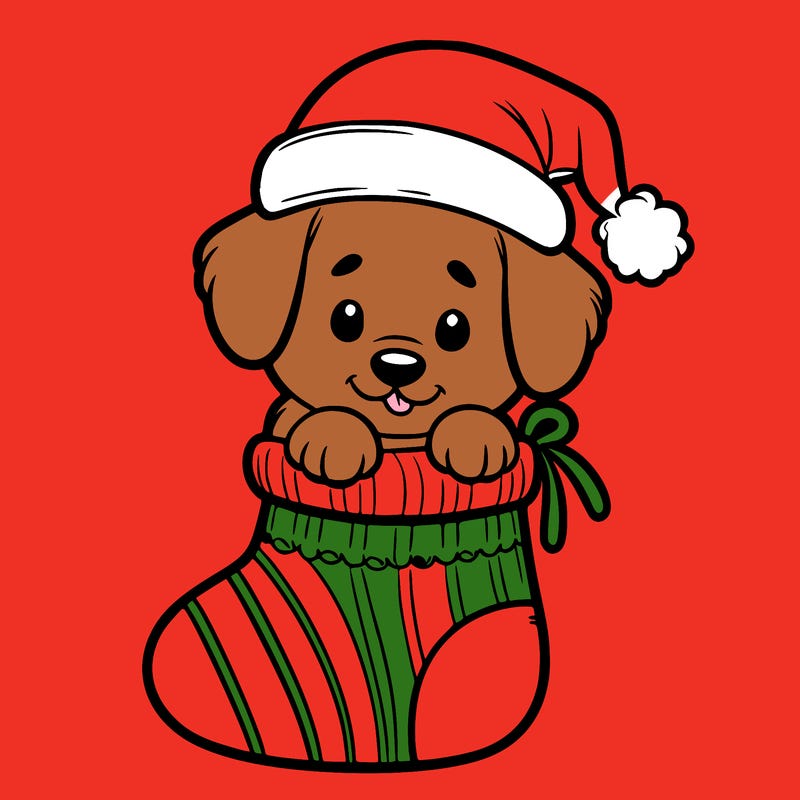 cute puppy wearing santa hat in socking