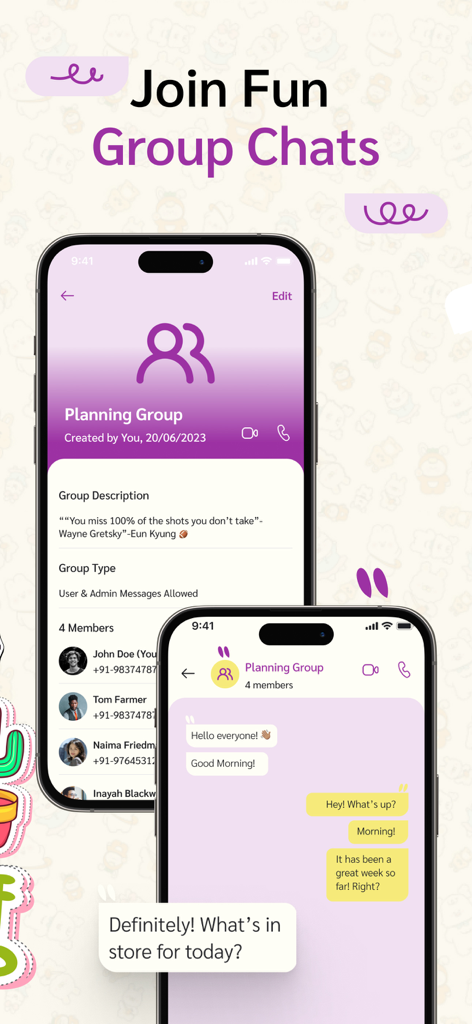 Video Chat — Tokee - Two iPhone screens showing the Tokee app's group chat interface with a purple aesthetic and active conversation