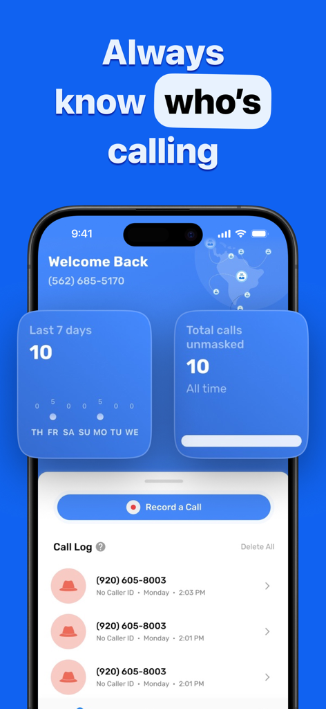 Reveal No Caller ID – MaskOff - MaskOff app interface showing unmasked call logs and statistics for blocked numbers
