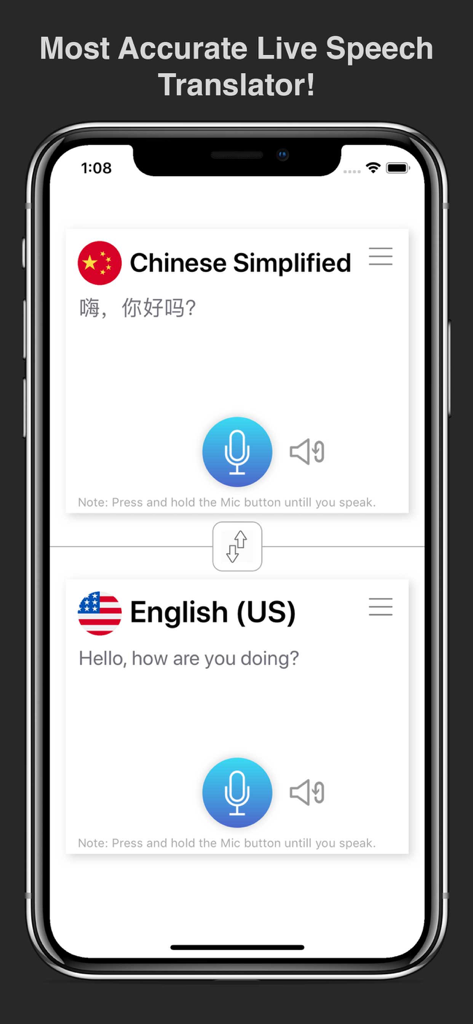 Realtime Speech Translator Pro - Realtime Speech Translator Pro mobile app interface with voice translation from Chinese to English