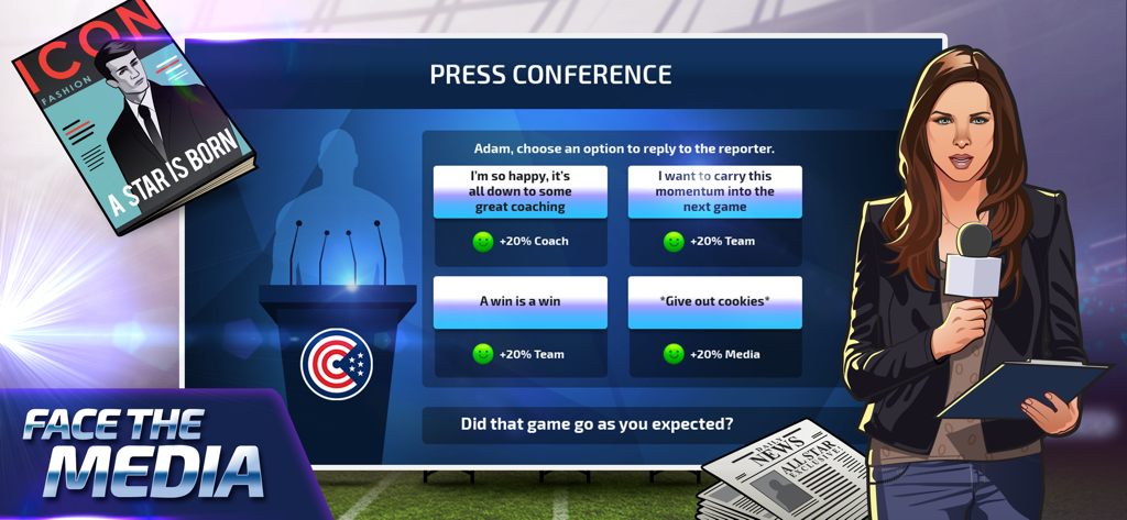 Schermata interattiva della conferenza stampa in All Star Quarterback 25 che mostra le scelte di dialogo con un giornalista