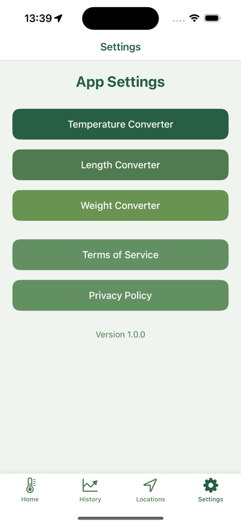 Settings screen of the Thermometer app showing temperature, length, and weight converter buttons.