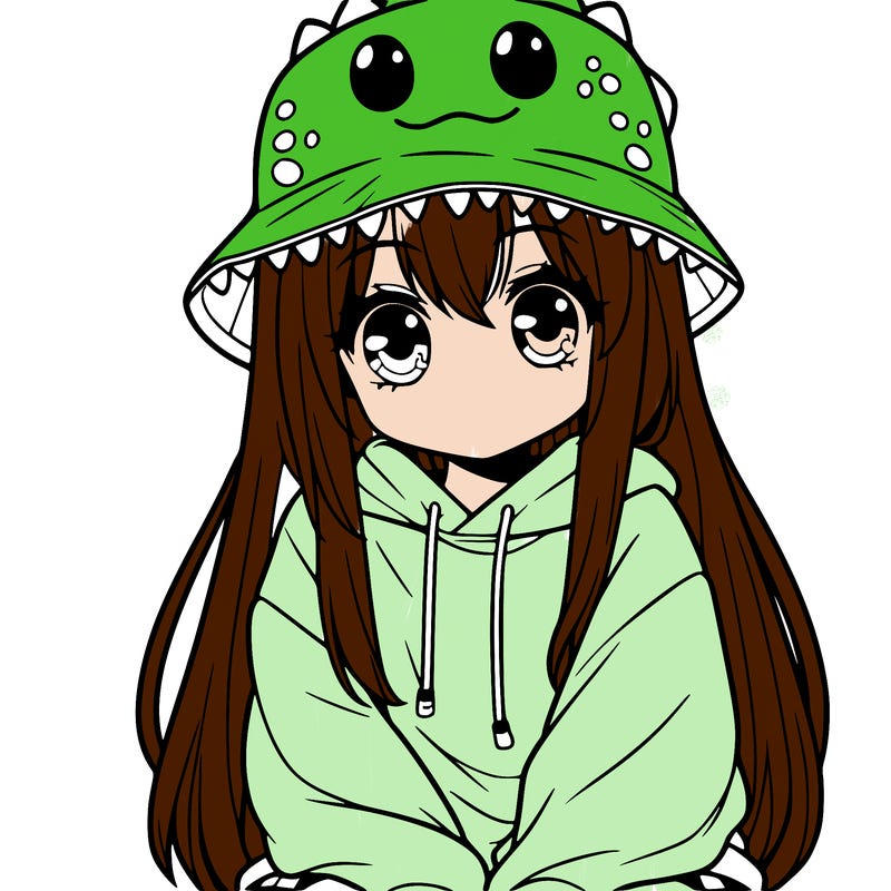 girl with anime shaped eyes with a dinosaur bucket hat oversized sweatshirt long straight hair