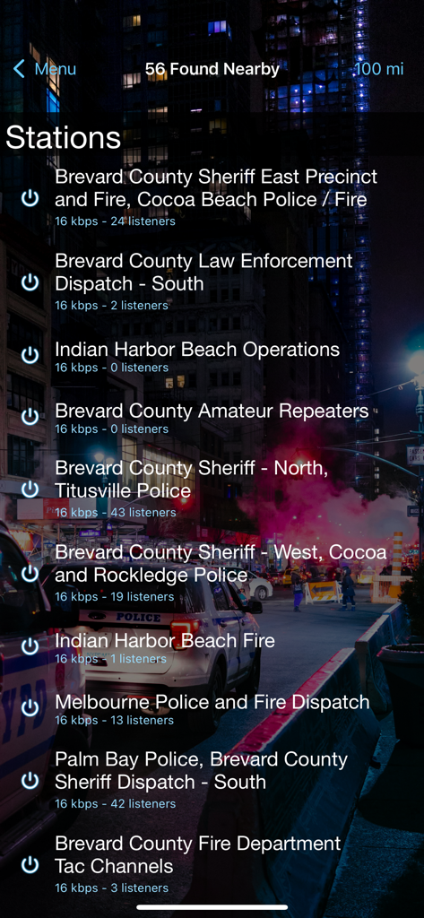 List of nearby police and fire radio stations with listener counts
