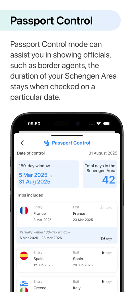 Schengen Simple - The Passport Control screen of the Schengen Simple app showing a travel log with entries for France Spain and Greece