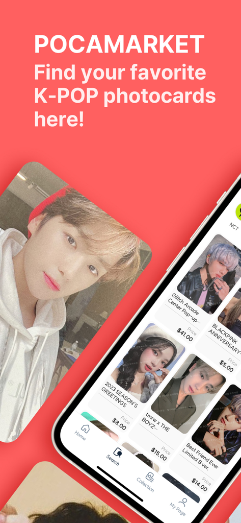 Pocamarket: Get Kpop Photocard - Interface do aplicativo móvel Pocamarket mostrando vários photocards de K-pop à venda com preços