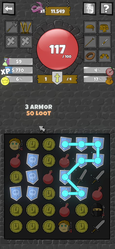 Troll Patrol - Troll Patrol gameplay screenshot showing a chain of shield tiles being connected on a puzzle grid with RPG inventory and stats