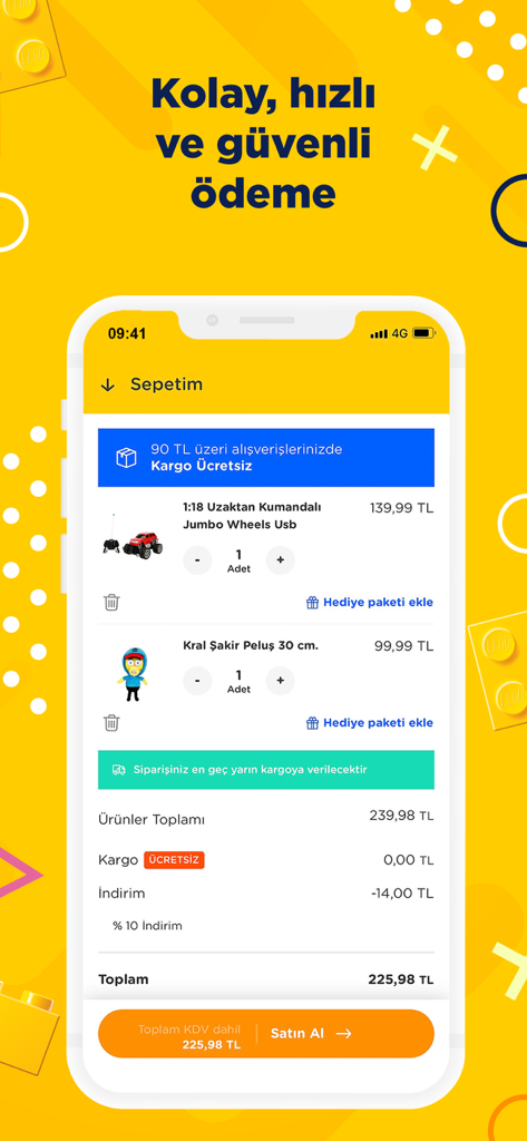 Schermata di checkout dell'app mobile Toyzz Shop che mostra un carrello della spesa con giocattoli e uno sconto applicato.