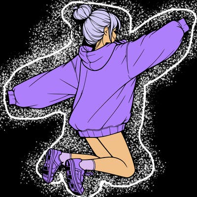 realistic girl jumping with a bun and oversized sweatshirt