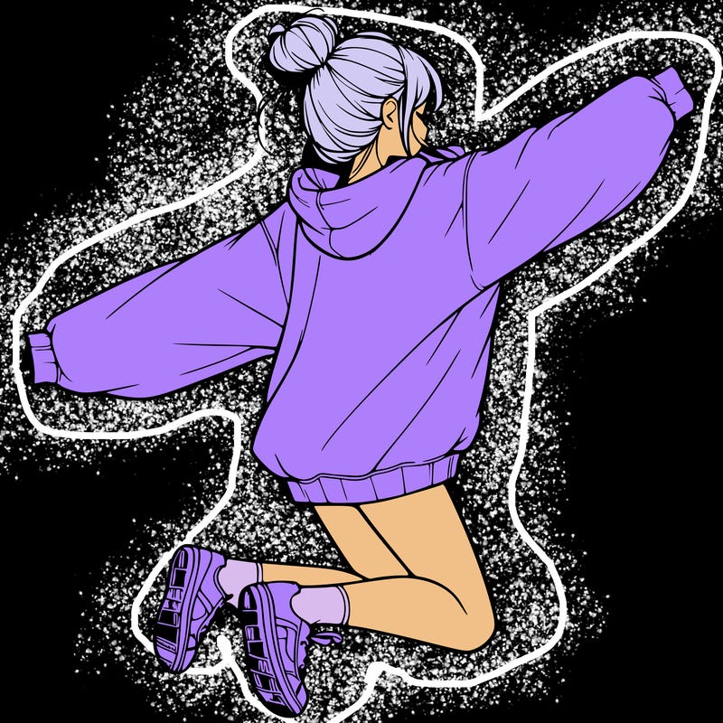 realistic girl jumping with a bun and oversized sweatshirt