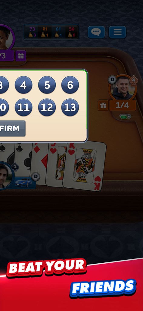 Spades Plus card game bidding interface showing real player profiles and game cards on a virtual table