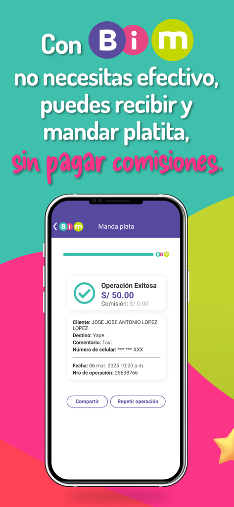 Bim - Tela da carteira móvel Bim mostrando uma transferência de dinheiro bem-sucedida para o Yape com zero de comissão