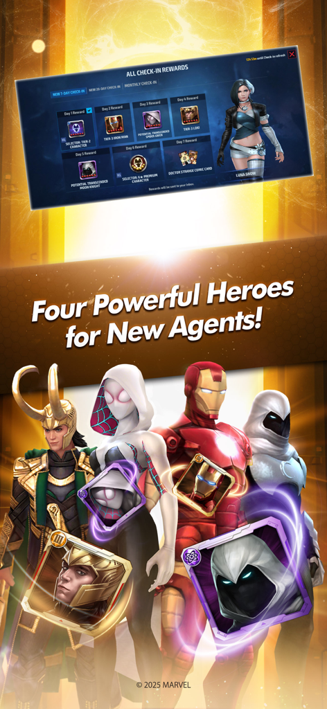 Marvel Future Fight Belohnungsbildschirm für neue Agenten mit Loki Spider-Gwen Iron Man und Moon Knight