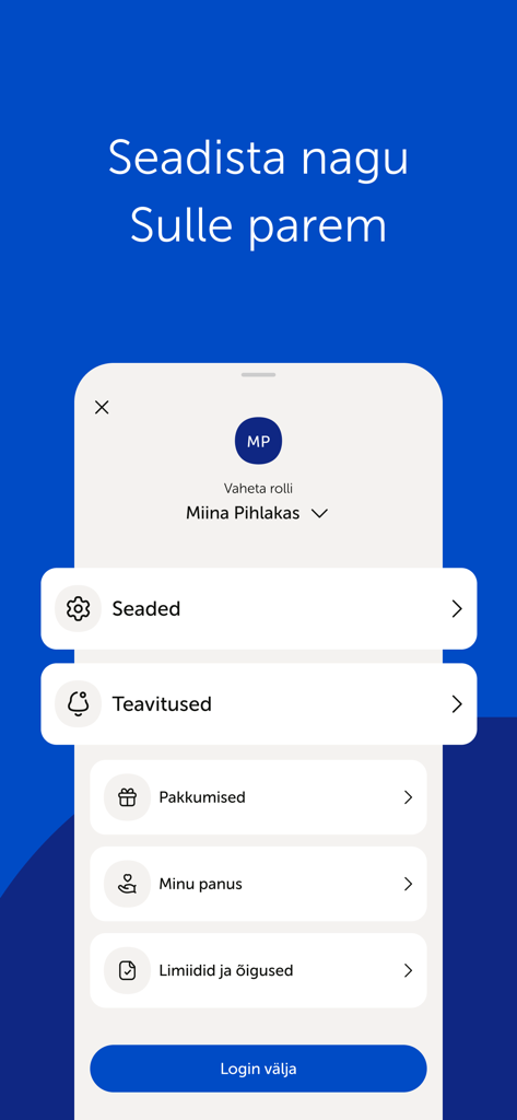 Coop Pank mobile app user profile and account settings menu with options for notifications and limits
