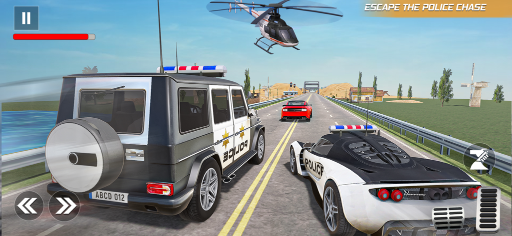 Police Car Games: Police Games - Dos vehículos policiales persiguiendo un coche rojo en una autopista con un helicóptero volando por encima