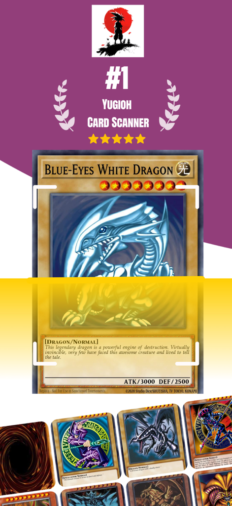 Yugioh Card Scanner - Mobile app interface scanning a Blue Eyes White Dragon card to track its market value