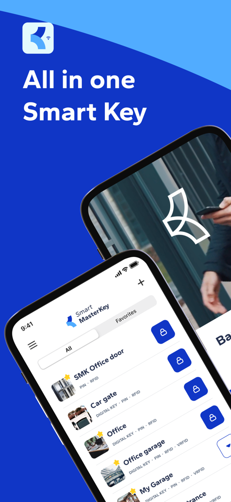 Smart MasterKey - Interfaz de la aplicación Smart MasterKey que muestra una lista de llaves de acceso digital para puertas y garajes