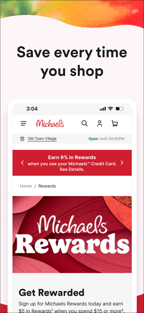Michaels Stores - Michaels Stores app screen showcasing the Michaels Rewards loyalty program and savings benefits for shoppers.