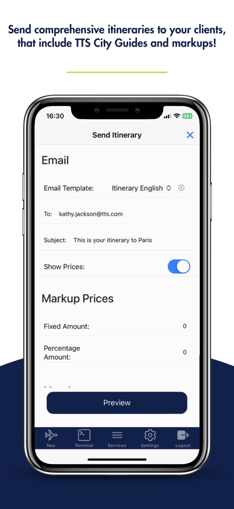 Travelport Mobile Agent - Interfaz de la aplicación Travelport Mobile Agent que muestra la pantalla Enviar Itinerario con campos de correo electrónico y opciones de margen de precio